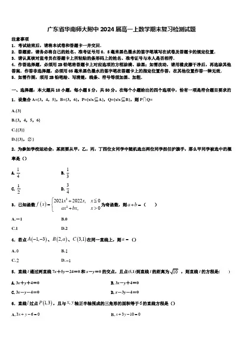 广东省华南师大附中2024届高一上数学期末复习检测试题含解析