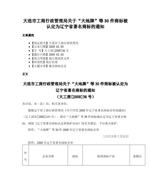 大连市工商行政管理局关于“大地牌”等30件商标被认定为辽宁省著名商标的通知