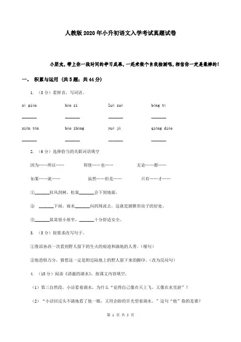 人教版2020年小升初语文入学考试真题试卷