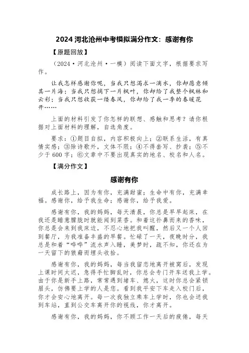 2024河北沧州中考模拟满分作文：感谢有你