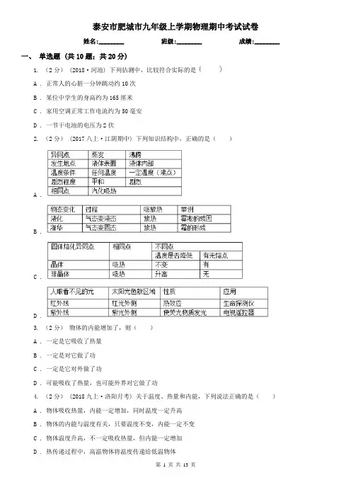 泰安市肥城市九年级上学期物理期中考试试卷