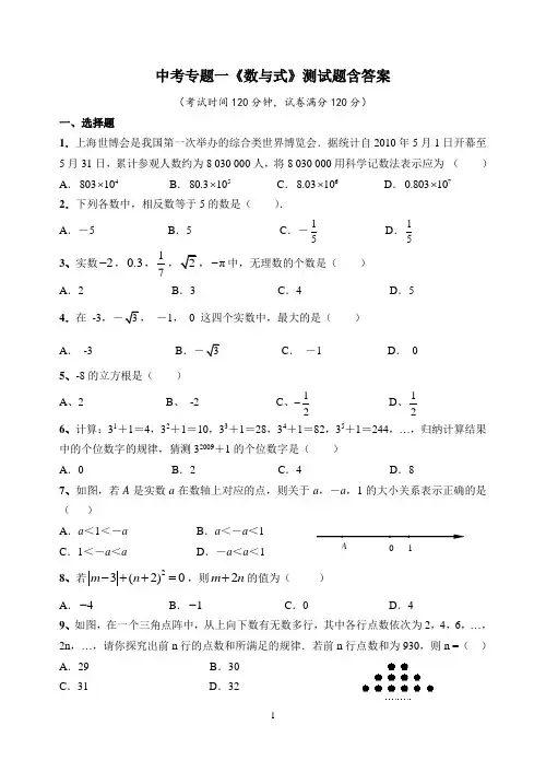 九年级数学下册中考专题一《数与式》测试题含答案