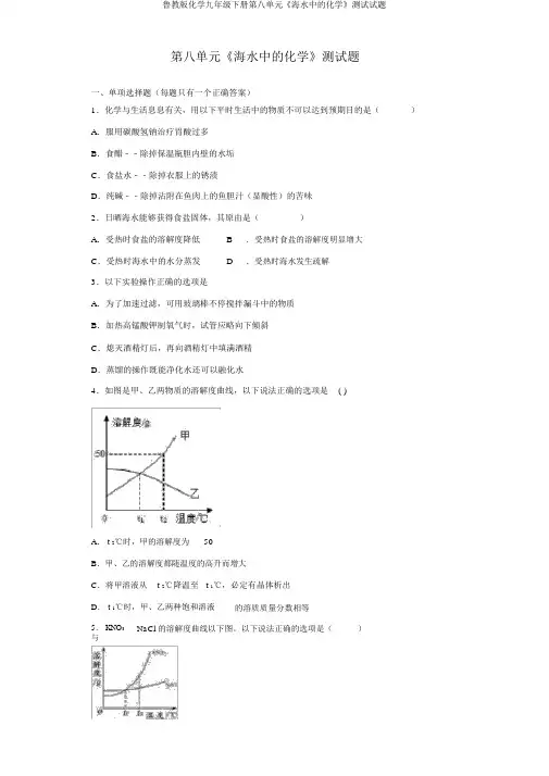 鲁教版化学九年级下册第八单元《海水中的化学》测试试题