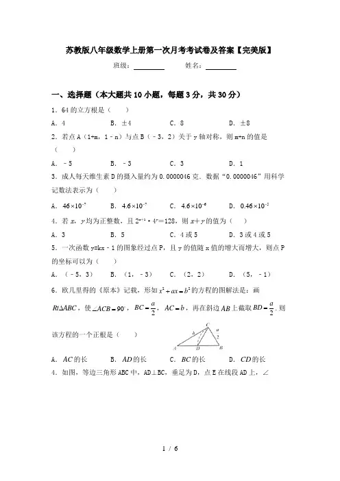 苏教版八年级数学上册第一次月考考试卷及答案【完美版】