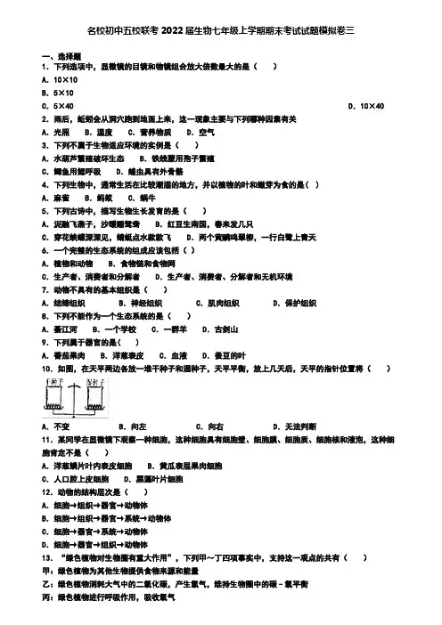 名校初中五校联考2022届生物七年级上学期期末考试试题模拟卷三