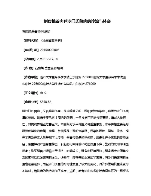 一例樱桃谷肉鸭沙门氏菌病的诊治与体会