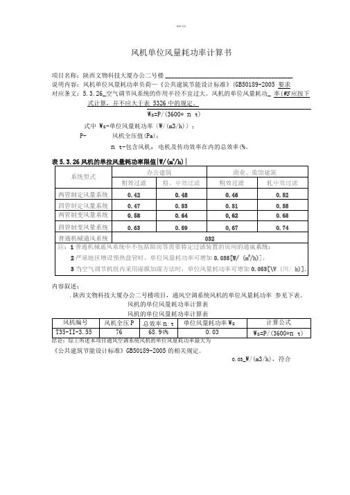 单位风量耗功率WS