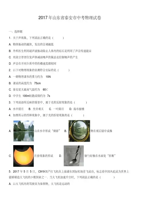 山东省泰安市2017年中考物理试卷(解析版)