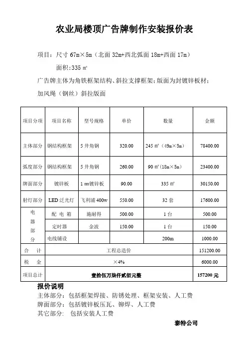 楼顶广告施工报价表