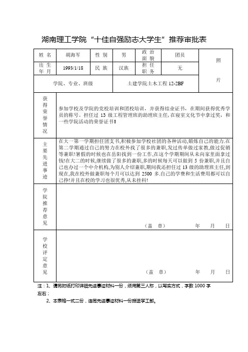 十佳自强励志大学生”推荐审批表