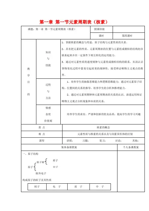 高中化学 第一章 物质结构元素周期律 1.1 元素周期表(核素)化学教案