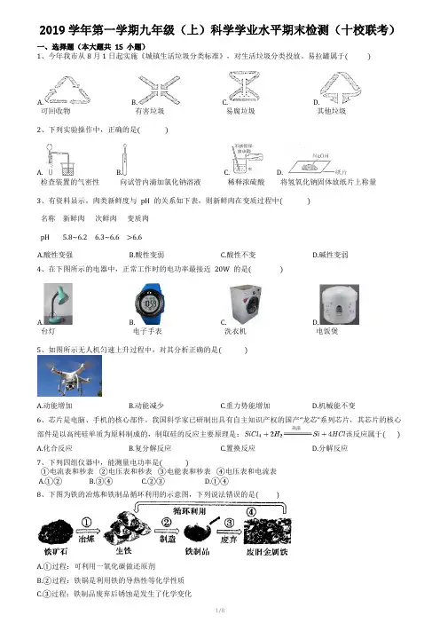 2019-2020学年第一学期九年级(上)科学学业水平期末检测(word、答案)
