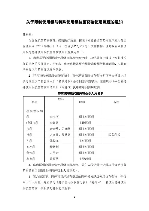限制使用级与特殊使用级抗菌药物使用流程的通知