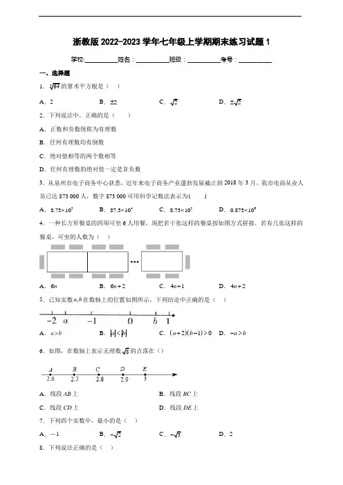 浙教版2022-2023学年七年级上学期期末练习试题1(含解析)