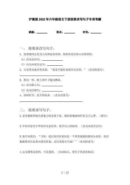 沪教版2022年六年级语文下册按要求写句子专项考题