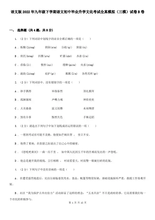 语文版2022年九年级下学期语文初中毕业升学文化考试全真模拟(三模)试卷B卷