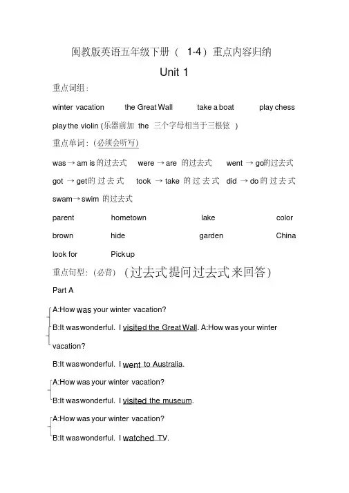 闽教版英语五年级下册(1-4)重点内容归纳