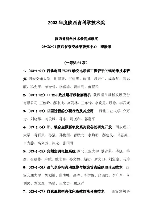 2003年度陕西省科学技术进步奖目录