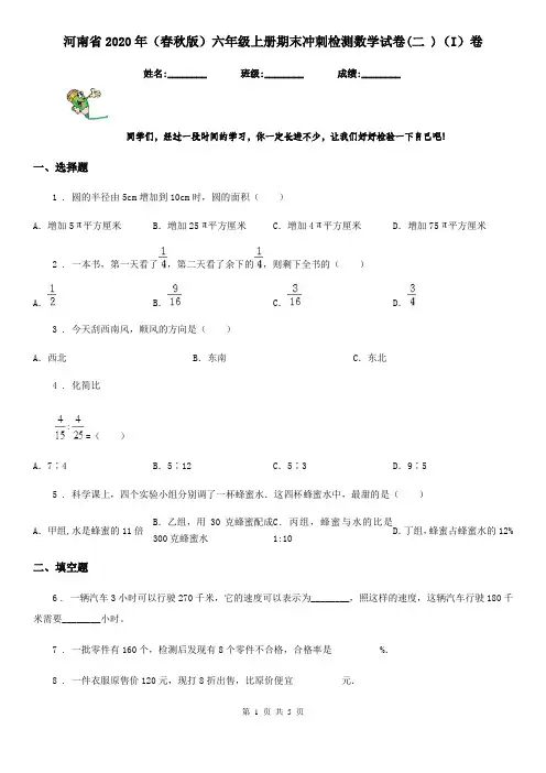 河南省2020年(春秋版)六年级上册期末冲刺检测数学试卷(二 )(I)卷