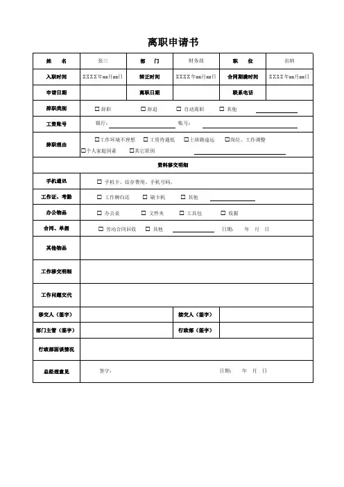 离职申请excel表