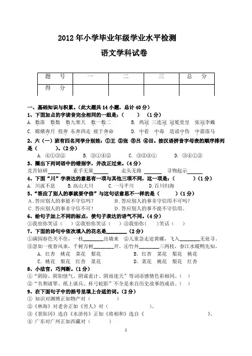 2013年小学毕业检测语文试卷