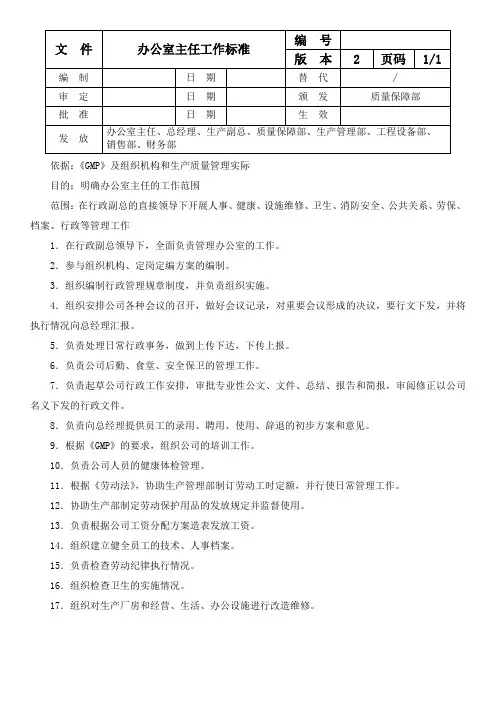 办公室主任工作标准