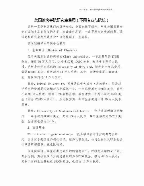 美国读商学院研究生费用(不同专业与院校).doc
