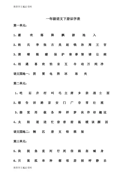 推荐学习K12部编本人教版小学一年级语文下册识字表Word版