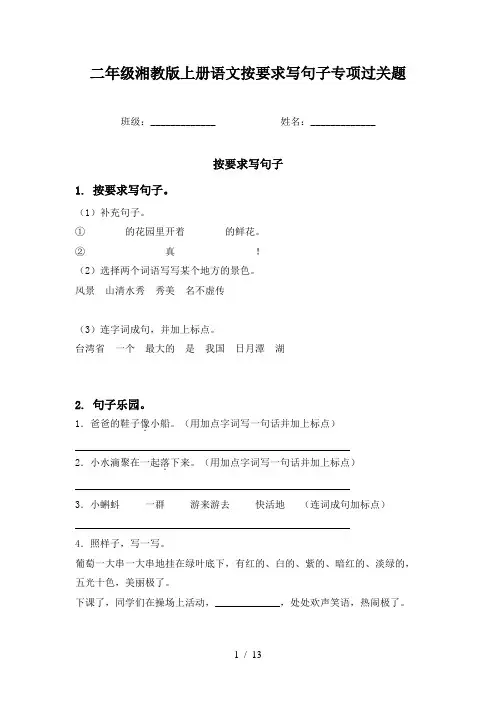 二年级湘教版上册语文按要求写句子专项过关题