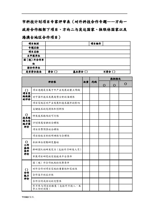 某市科技计划项目专家评审表对外科技合作专题——方向