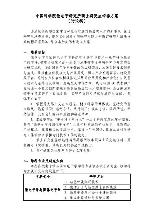 中国科学院微电子研究所硕士研究生培养方案(讨论稿)