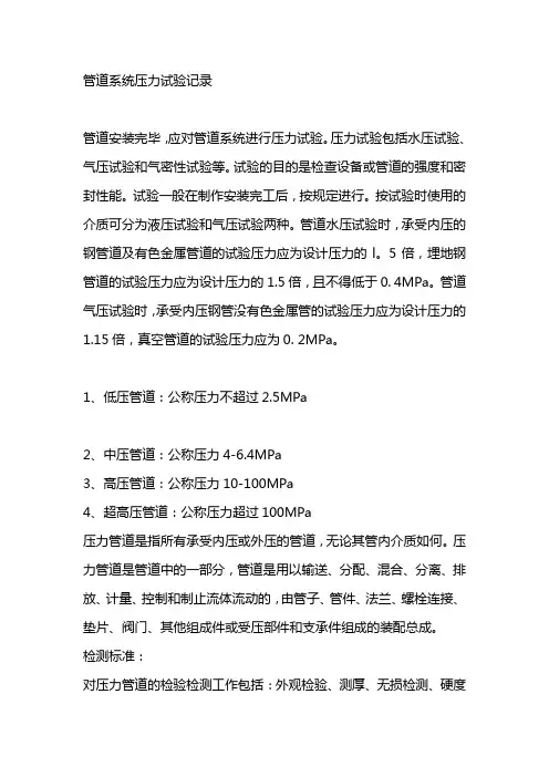 管道系统压力试验记录