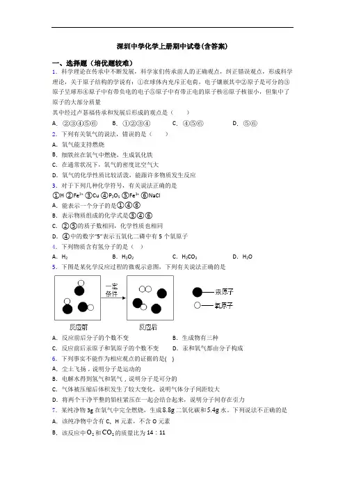 深圳中学化学初三化学上册期中试卷(含答案)