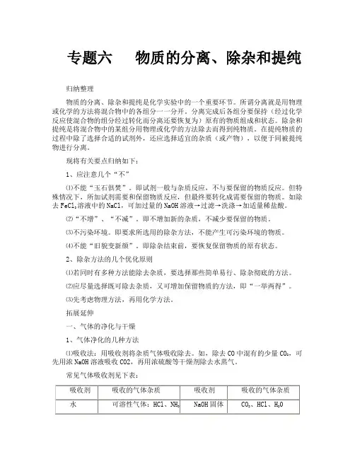 2019中考化学 物质的分离、除杂和提纯专题复习