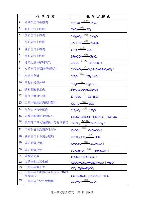 九年级所有化学方程式