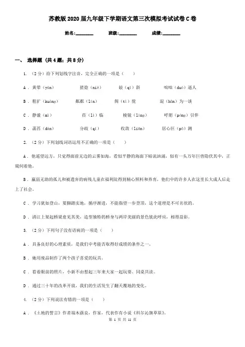 苏教版2020届九年级下学期语文第三次模拟考试试卷C卷