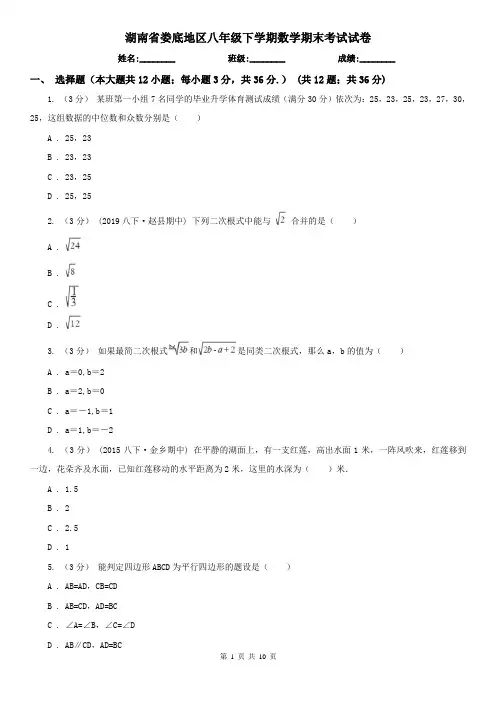 湖南省娄底地区八年级下学期数学期末考试试卷