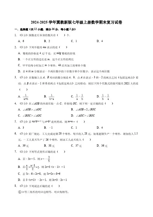 2024-2025学年冀教新版七年级上册数学期末复习试卷(含详解)
