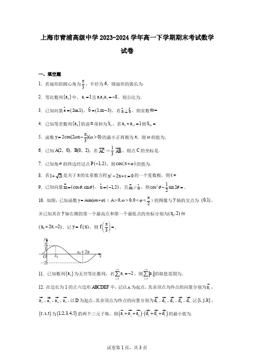 上海市青浦高级中学2023-2024学年高一下学期期末考试数学试卷