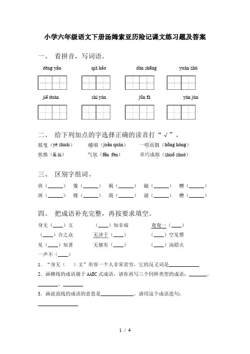 小学六年级语文下册汤姆索亚历险记课文练习题及答案