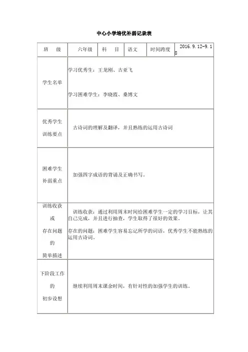 培优补差工作记录表六年级第四周