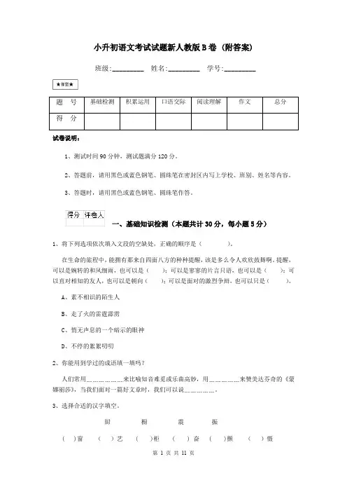 小升初语文考试试题新人教版B卷 (附答案)