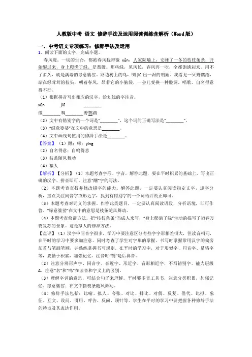 人教版中考 语文 修辞手法及运用阅读训练含解析(Word版)