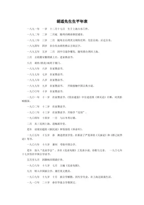 胡适先生生平年表