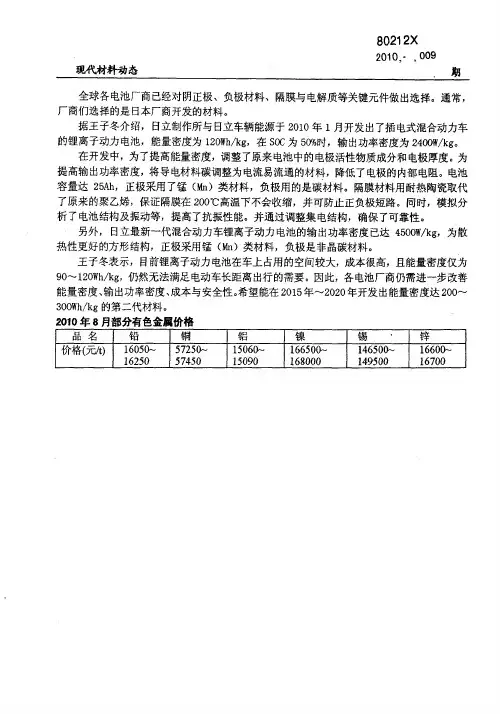 2010年8月部分有色金属价格