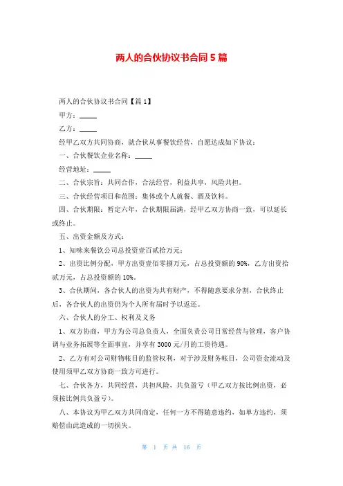 两人的合伙协议书合同5篇