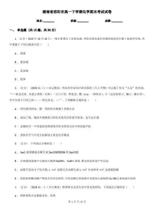 湖南省邵阳市高一下学期化学期末考试试卷