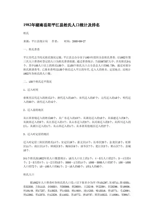 1982年湖南岳阳平江县姓氏人口统计及排名给对方更好地发挥