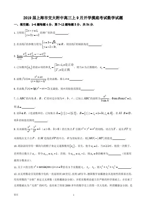 2019届上海市交大附中高三上9月开学摸底考试数学试题