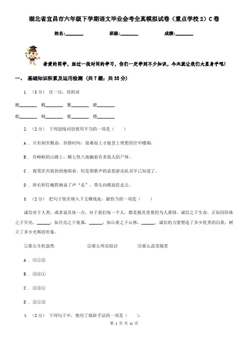 湖北省宜昌市六年级下学期语文毕业会考全真模拟试卷(重点学校2)C卷